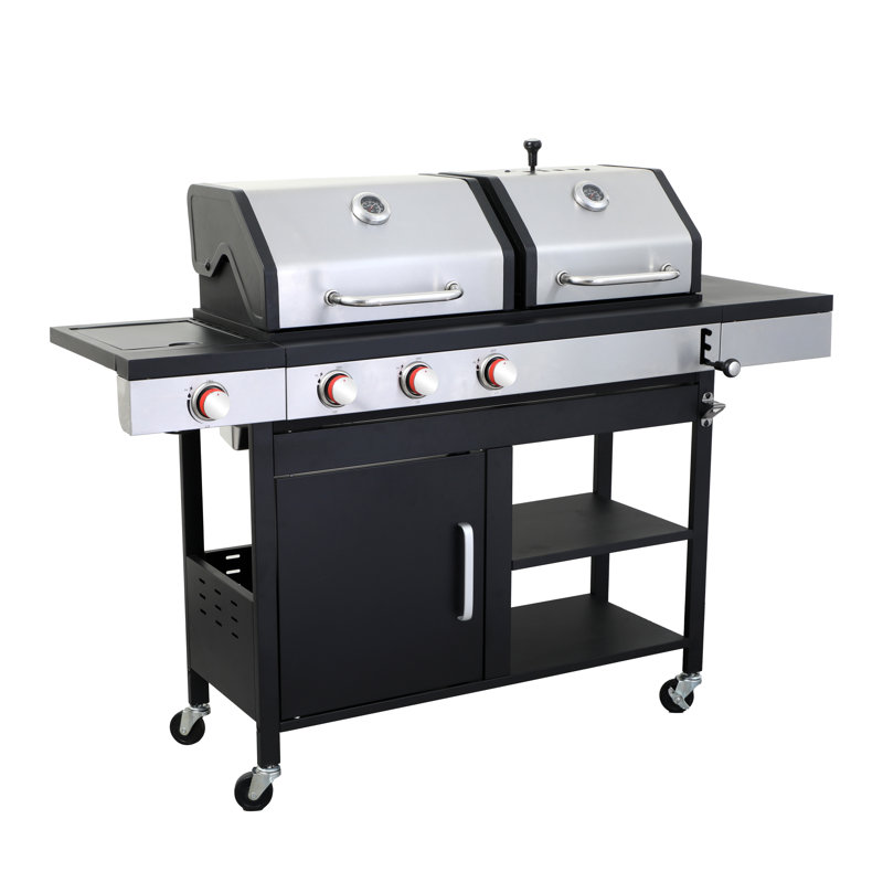 Barbecue au charbon de bois et au propane à double combustible avec brûleur latéral et plaque chauffante en fonte