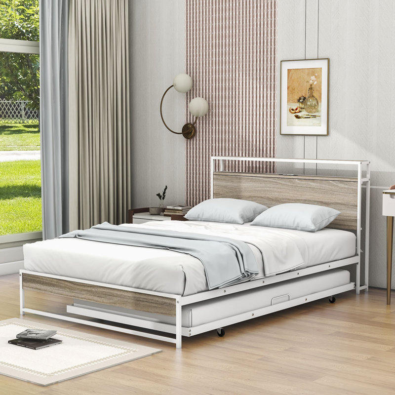 Uleena Platform Bed with Trundle and Headboard, Full, White