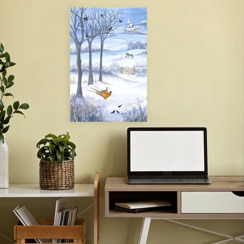 «Beauty of a Winter Landscape», reproduction d'art contemporain, paysage d'oiseaux, cheval, forêt, 18" H x 12" W