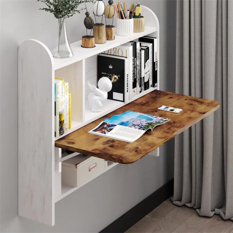 Wall Mounted Drop-Leaf Table, Floating Laptop Desk, Folding Table With Shelves, Multifunctional Computer Workstation With Storage Compartments In Home Office For Space Saving