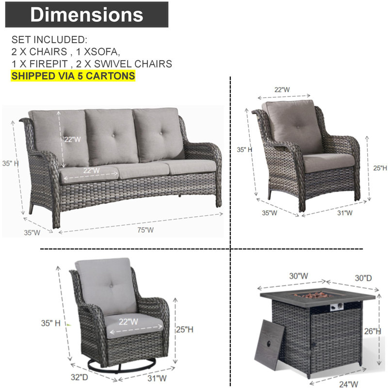 Artidiello Outdoor Seating Group with Fire Pit with Cushions, Gray