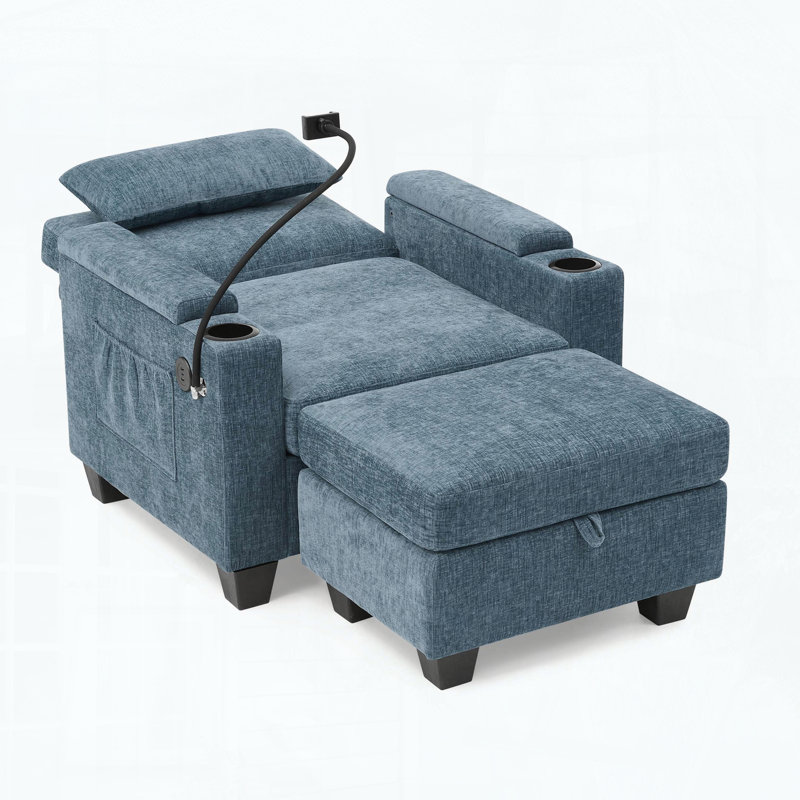 Canapé inclinable simple avec port USB, repose-pieds et support pour téléphone, Bleu