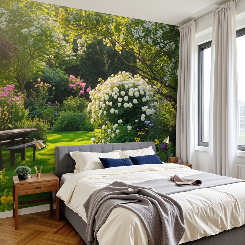 Panneau adhésif pelez et collez l 144 po x H 100 po moderne auto-adhésif pour jardin de chambre à coucher avec fleurs colorées et pelouse verte
