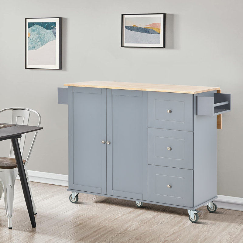 Lantha Solid Wood Top Kitchen Cart, Light Blue