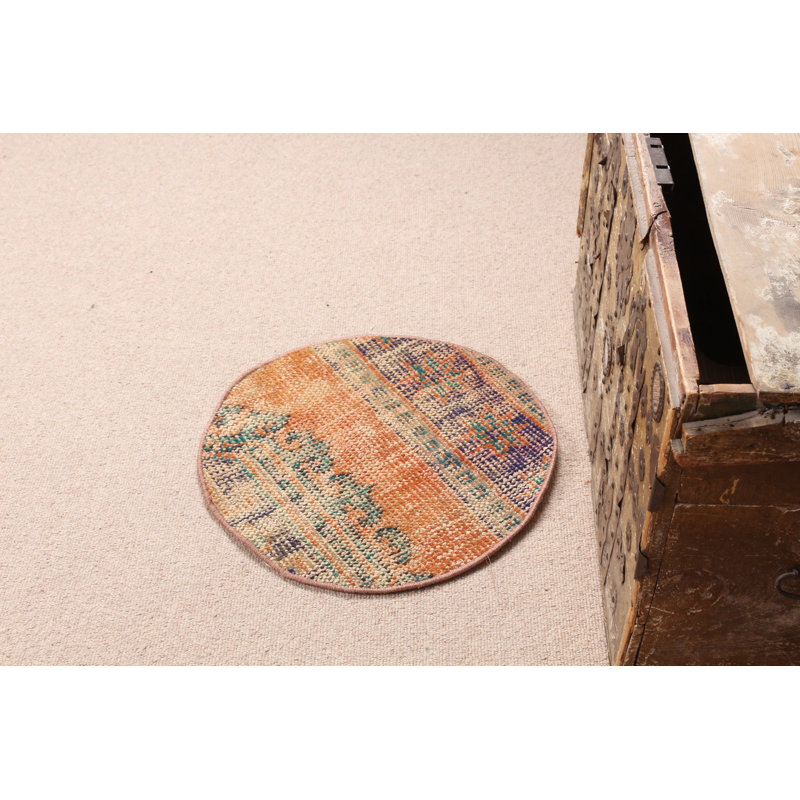 Stunning Handmade Small Turkish Round Vintage Anatolian Wool Rug in Vibrant Orange for Your Entryway