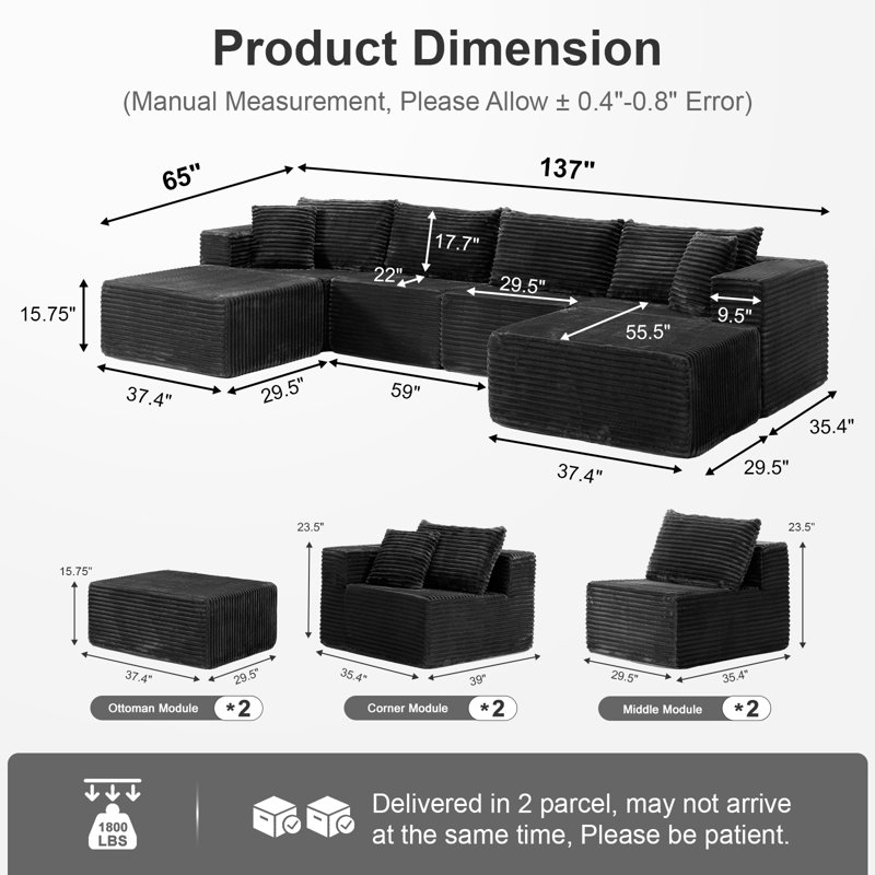 137" Cloud Couch For Living Room, Modular Sectional Sofa With Plush Corduroy U Shaped Big Comfy Upholstered Couches With Deep Seat, Compression Packaging & No Assembly Required