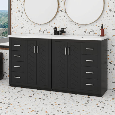 Meuble-lavabo de 60 po avec lavabo double, meuble-lavabo double avec 6 tiroirs et 2 armoires spacieuses, portes à fermeture douce (2 x 30 po)
