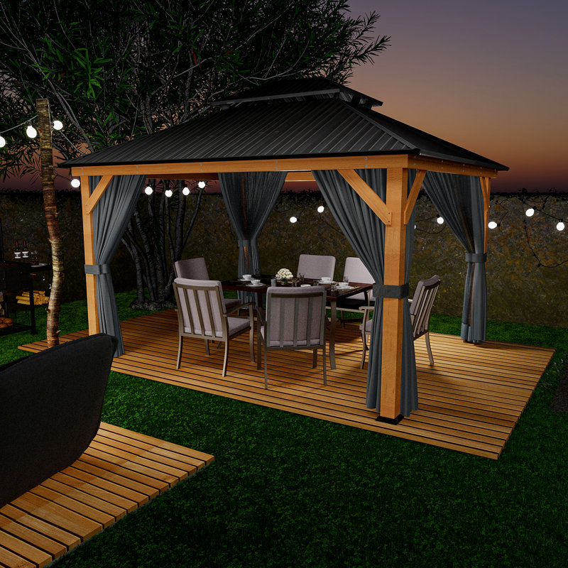 Solid Wooden Patio Gazebo with Double Roof, Netting and Curtains, Black, Natural Wood, 13' W x 11' H