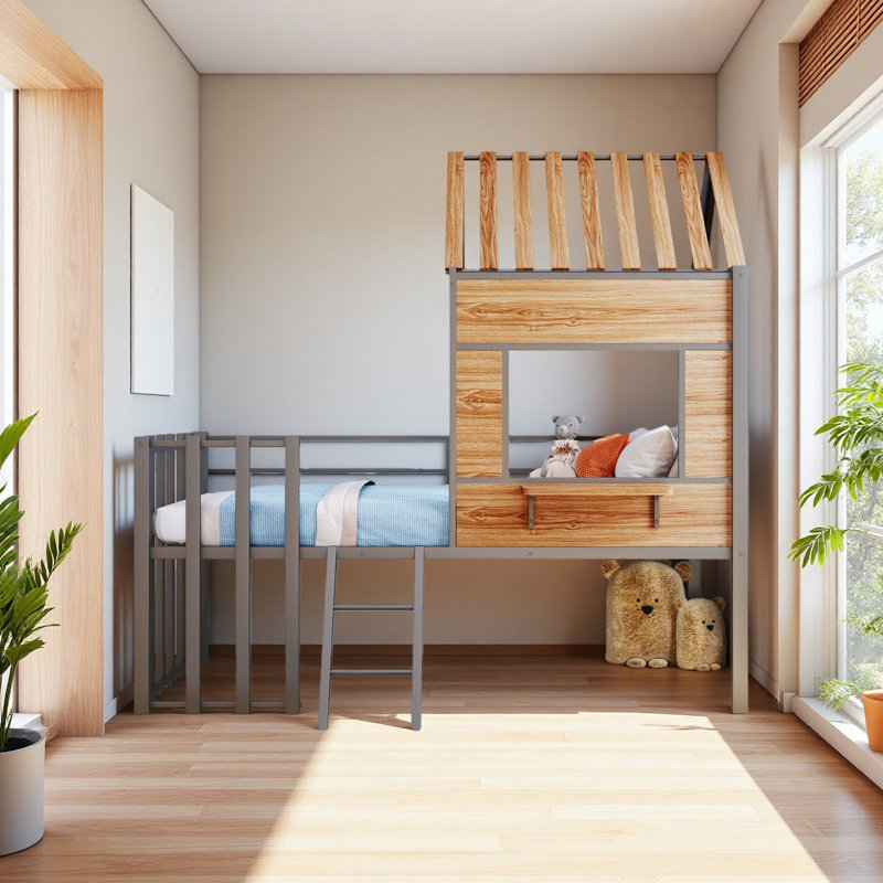 Metal Twin Size Loft Bed With Roof, Window, Guardrail, Silver