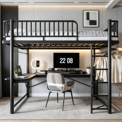 Lit mezzanine en métal, lit mezzanine de jeu avec bureau, lumières DEL et port USB, lit gigogne industriel, cadre de lit mezzanine pour chambre d'adolescent et dortoir, noir et blanc