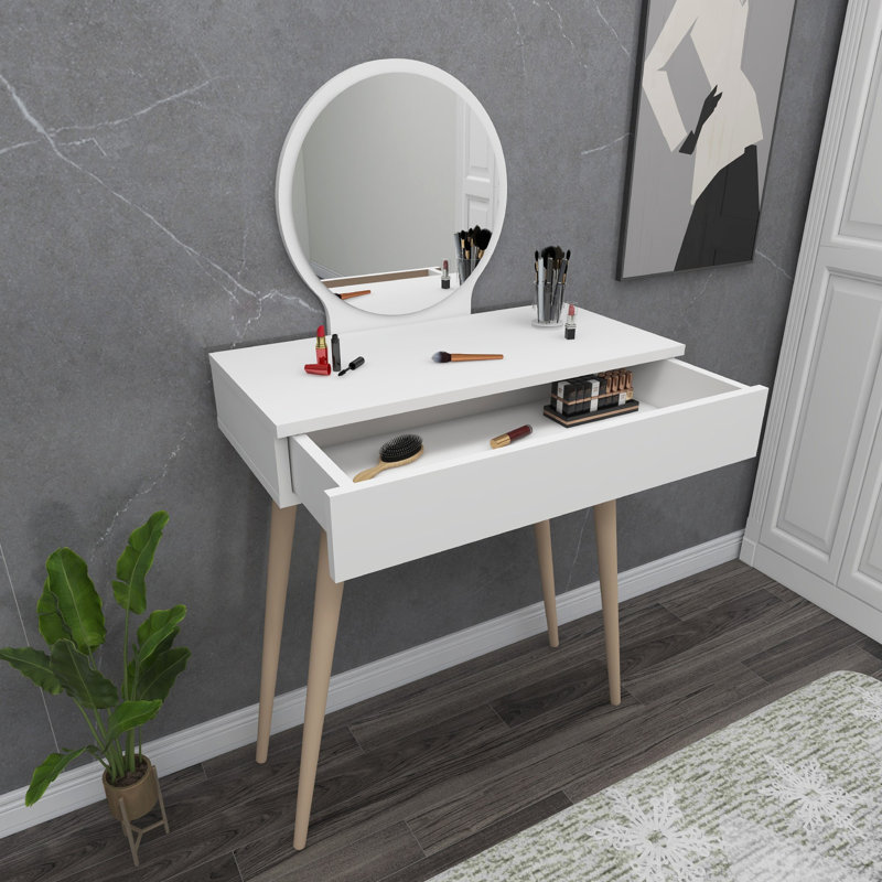 Modern Make-Up Table with Mirror, White Finish, 51.0 x 28.3 x 13.8 Inches | 100% Melamine Coated Particle Board, 0.7 Inches Thick | Stylish Beechwood Legs, Perfect for Contemporary Bedrooms & Vanity Spaces