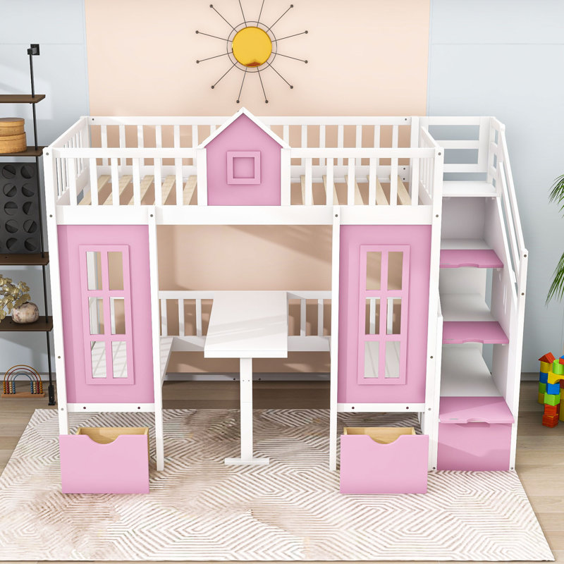 Convertible Bunk Bed With Changeable Desk And 2 Drawers, Pink/White, Twin Over Twin