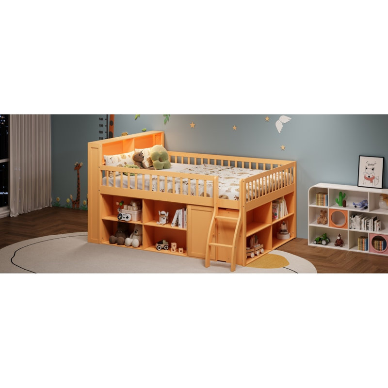 Grand lit mezzanine avec rangement, tête de lit avec lumière DEL, naturel, Naturel, Grand lit