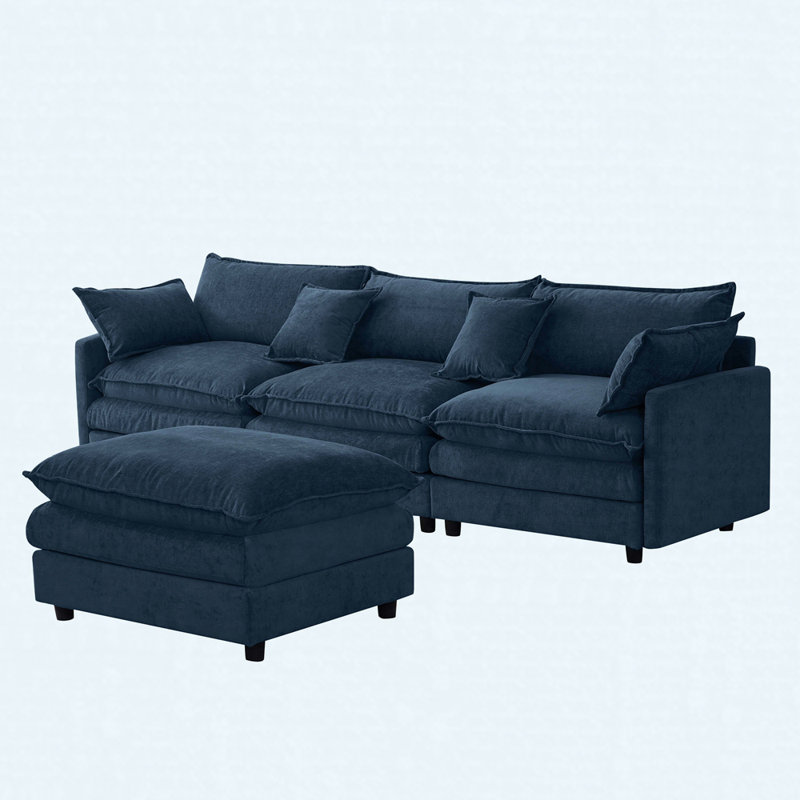 105" Modular L-Shaped Sectional Sofa With Ottoman, Soft Chenille Upholstery, 3-Seater Living Room Couch, Blue