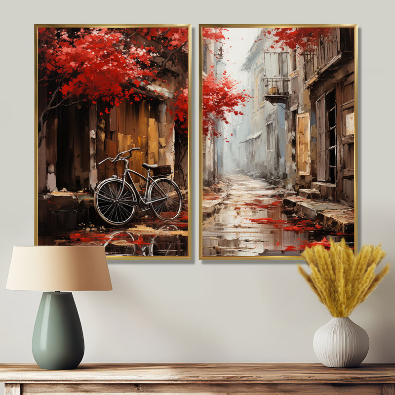«Crimson Ride Red Flowers I» - Grand vélo, reproduction d'art sur toile, H 36 po x l 48 po, Doré