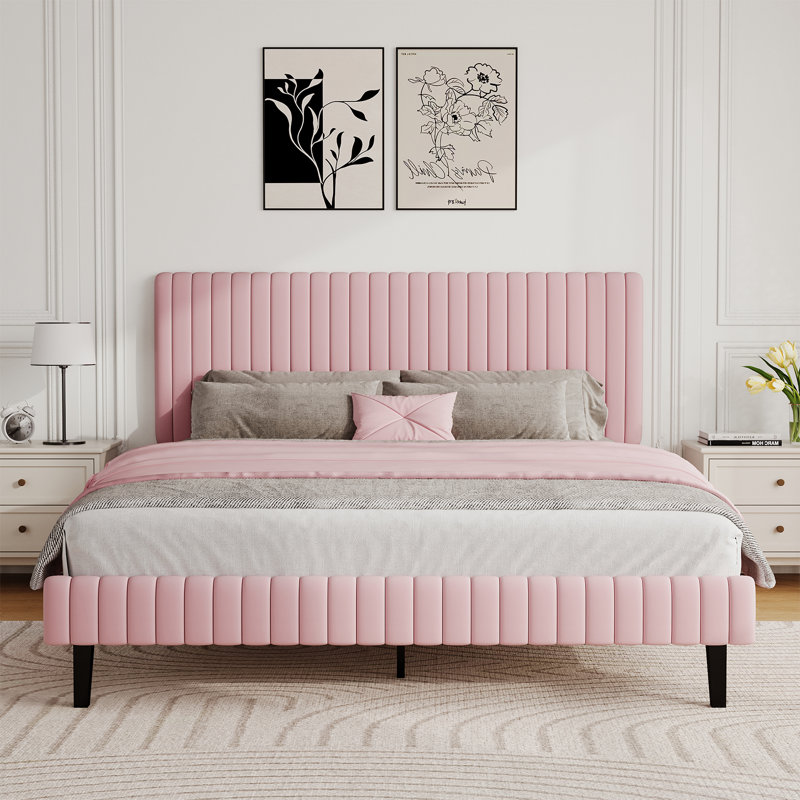 Tête de lit et pied de lit en velours avec revêtement matelassé, Double, Rose