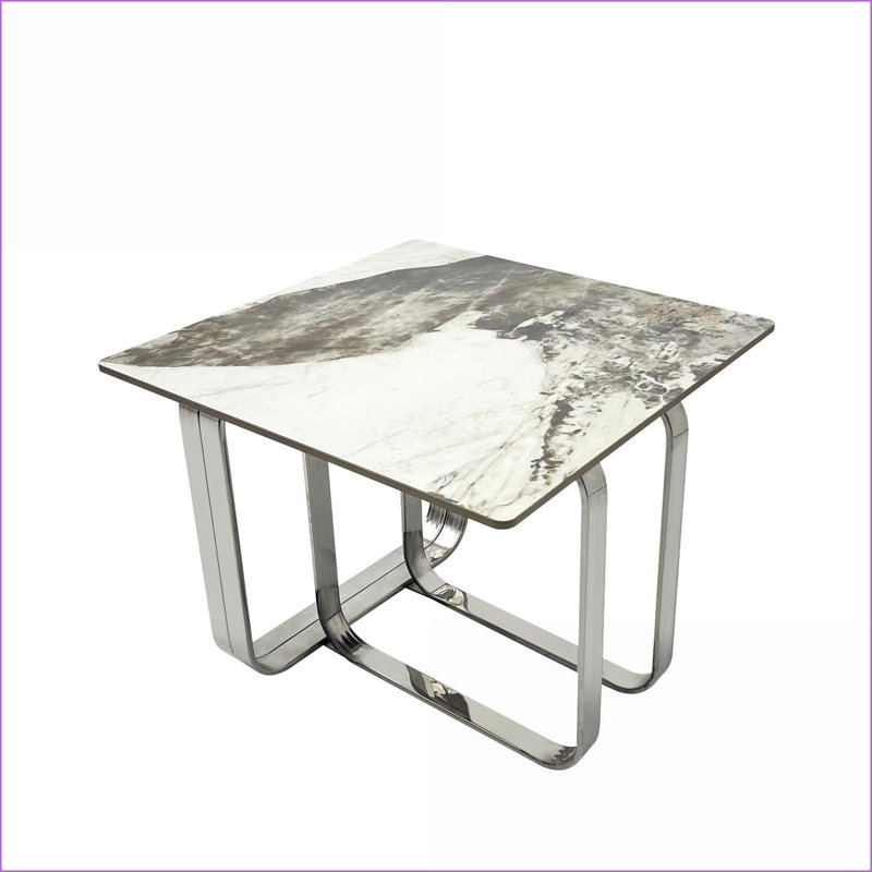 Table basse de salon rectangulaire avec plateau en pierre frittée et structure en métal argenté, facile à nettoyer et amp; Résistant aux égratignures