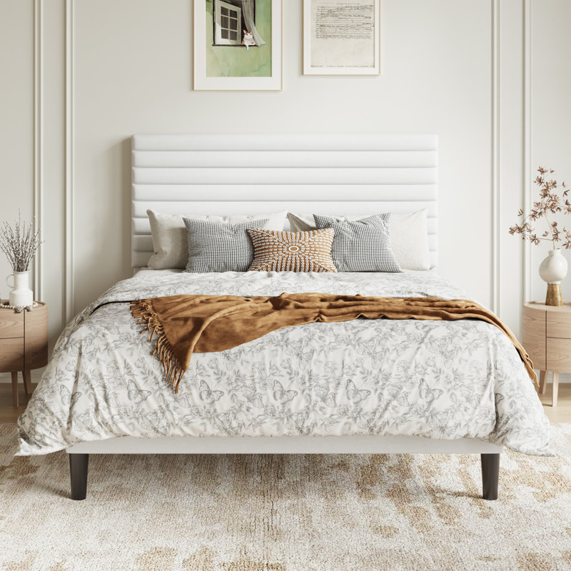 Modern Velvet Upholstered Bed Frame With Adjustable Headboard, Full Size, Queen Size, King Size, No Box Spring Needed, White