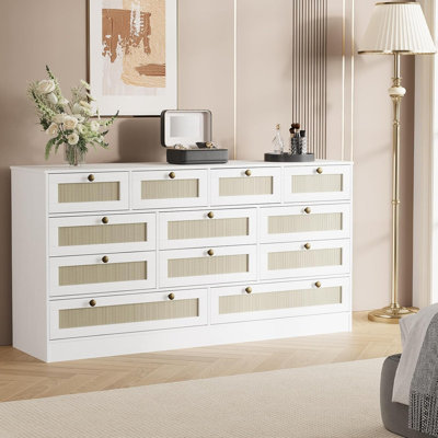 Commode 61 "en bois avec 12 tiroirs en rotin, meuble télé moderne pour chambre et salon