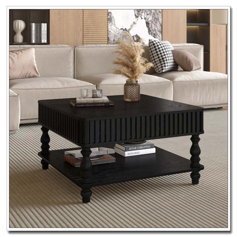 Square Fluted Lift-Top Coffee Table with Hidden & Open Storage, Black