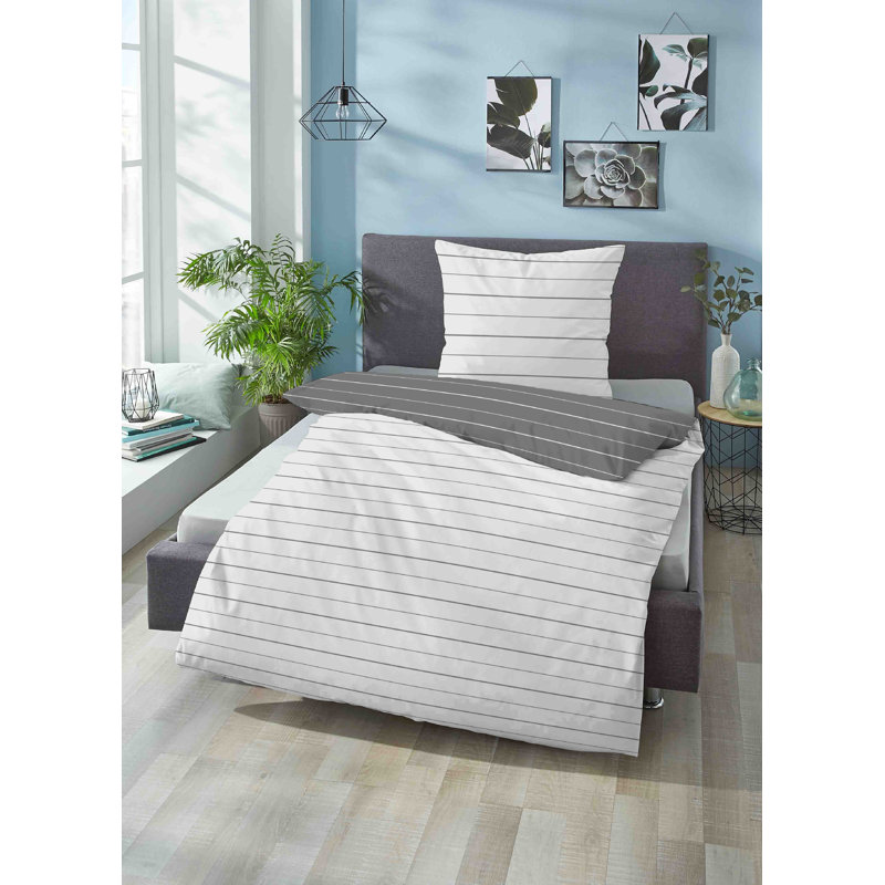 Cotton Striped Duvet Cover Set with Pillowcases Included, Storm Grey, 200 x 200cm - 2 pillows 80 x 80cm