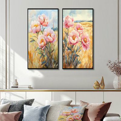 Pivoines dans le champ d'été I - Art mural floral 2 panneaux