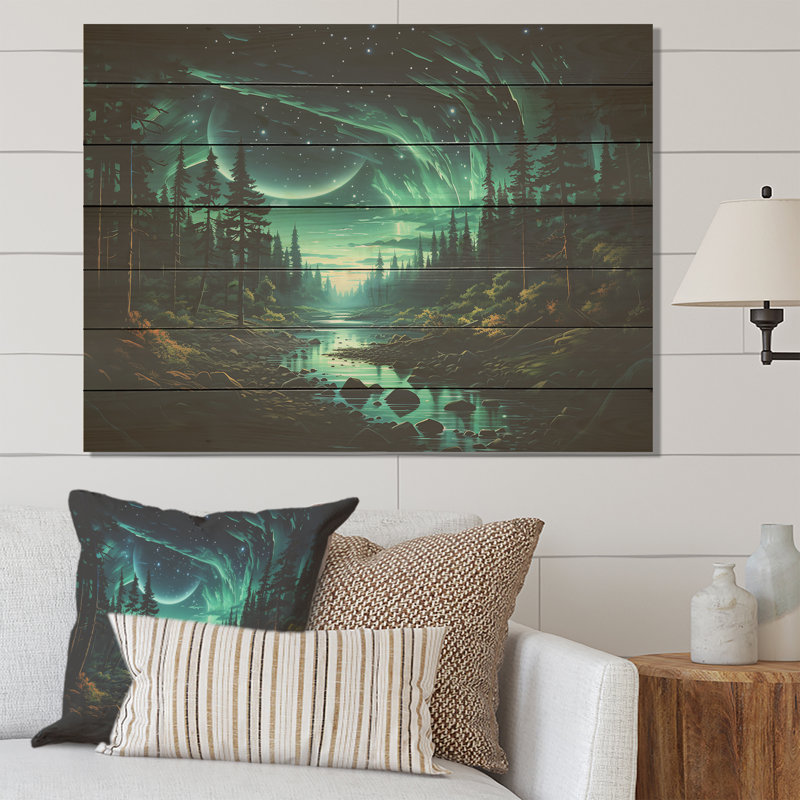 Northern Lights Forest Dreams I - Forêt et rivière sur bois, H 10 po x l 20 po x P 0,78 po
