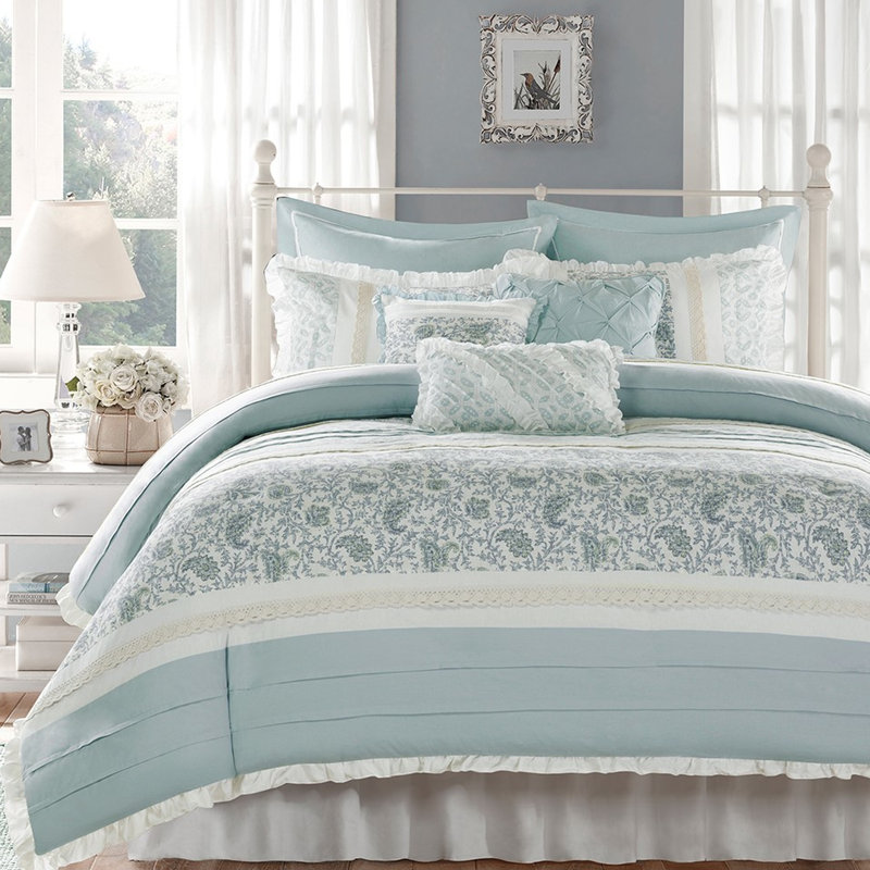 Literie 9 pièces pour lit très grand - coton avec housse de couette et 2 taies décoratives Shabby Chic