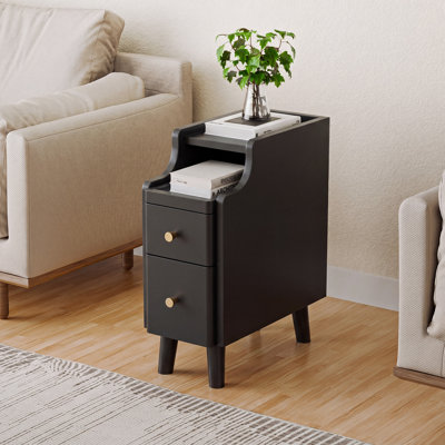 Table de chevet étroite avec tiroirs, petite table de chevet pré-assemblée en bois massif avec tablette coulissante