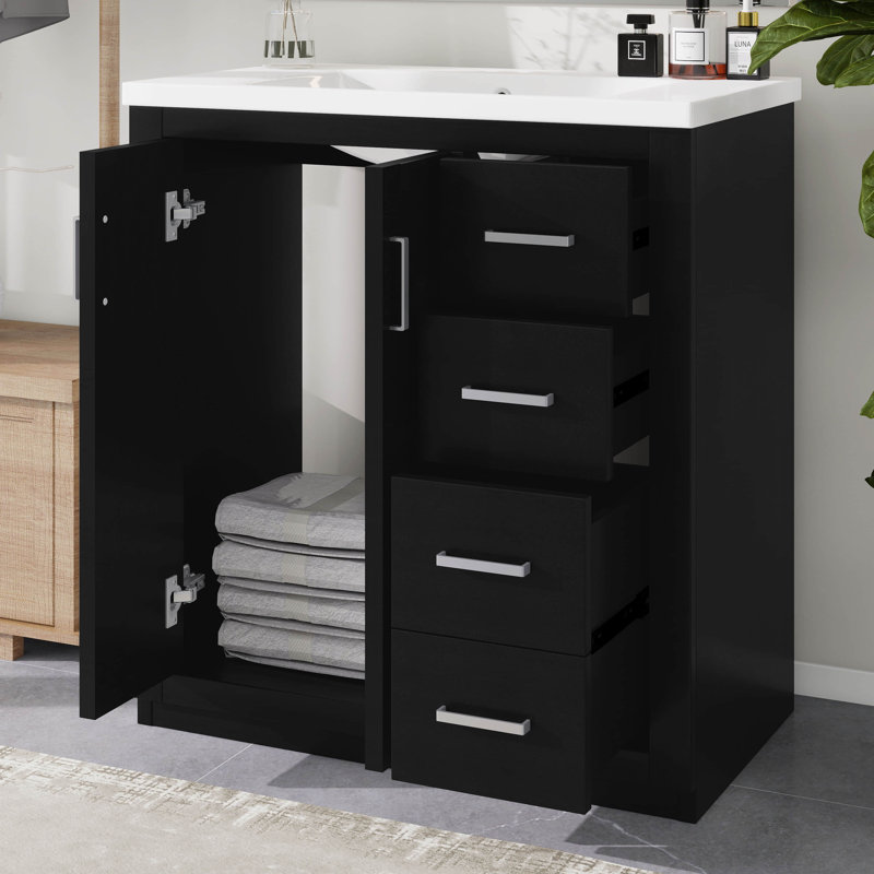 Meuble-lavabo 30 po avec lavabo en céramique, armoire de rangement autoportante avec 3 tiroirs et portes à fermeture douce, structure en bois massif