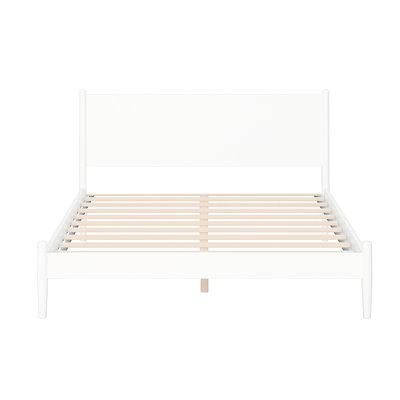Queen Size Mid - Century Modern Wooden Bed In White, Round Tapered Legs, Air Circulating Slats White Bed, Engineered Wood Slat Kit, No Box Spring