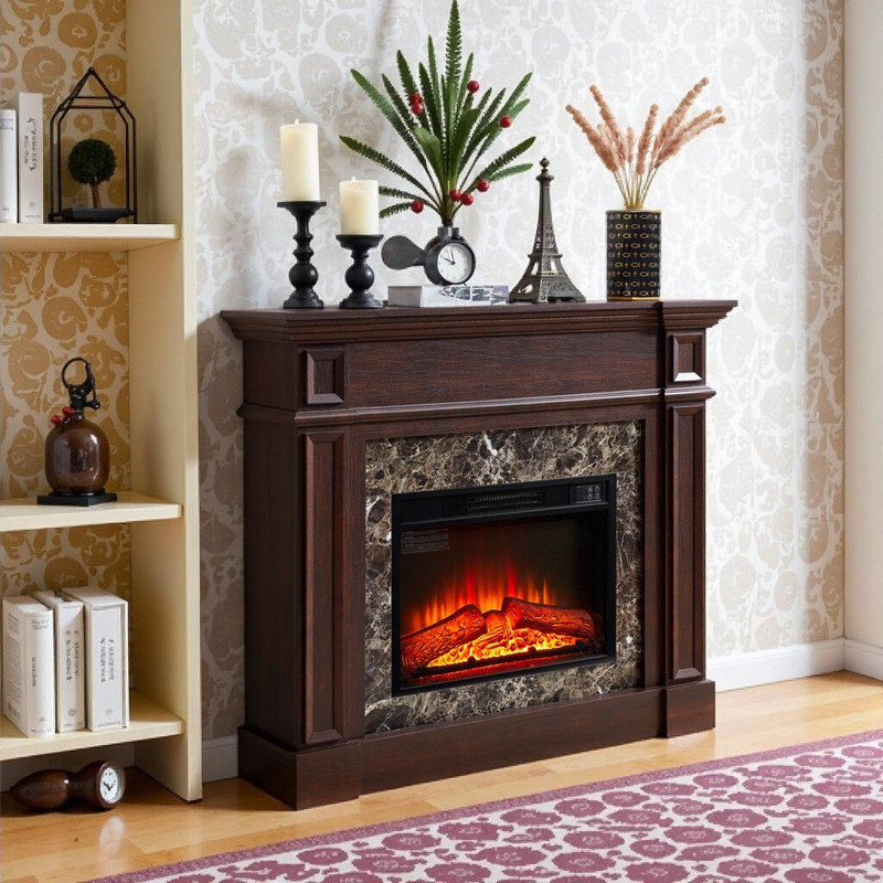 Electric Fireplace Mantel Heater With Realistic Stacked Stone Surround Timer And Remote Control, Cherry