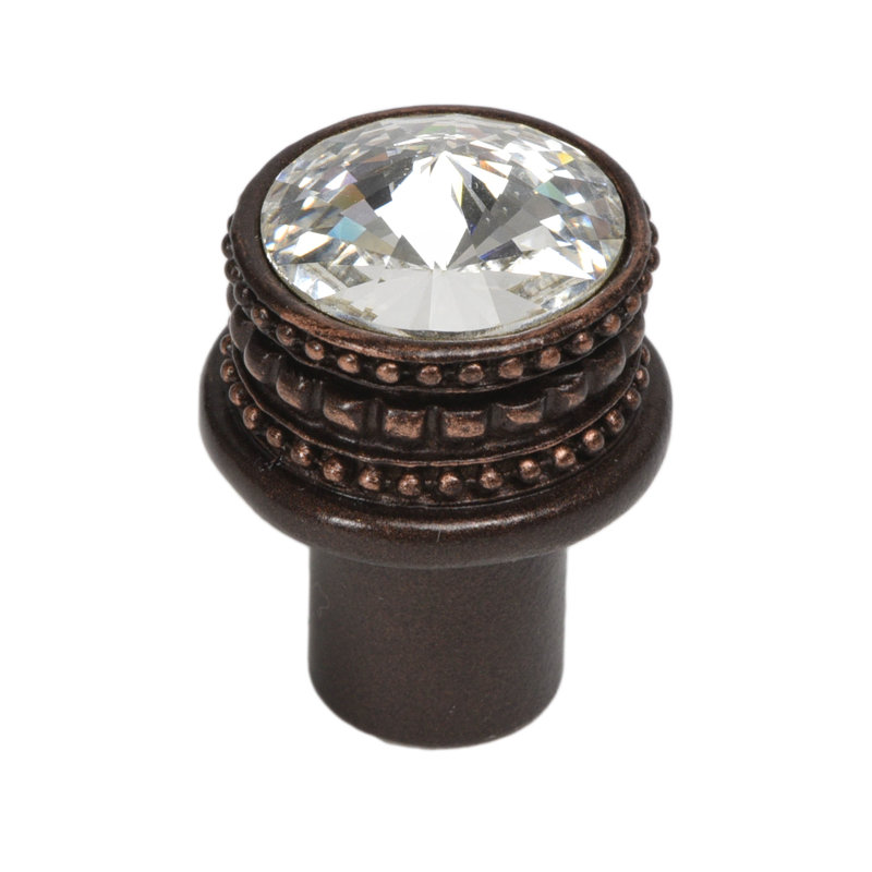 Poignée ronde Cachemire avec cristal Swarovski transparent de 18 mm, Bronze frotté à l'huile