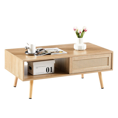 41.54" Coffee Table, Solid Wood Legs, Natural Hue For Living Room Furniture Sliding Door Space Saving Option