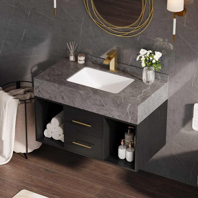 Ensemble de meuble-lavabo mural moderne flottant noir avec pierre frittée encastrable 35 po Chiverton, Noir et or, 35", Gris