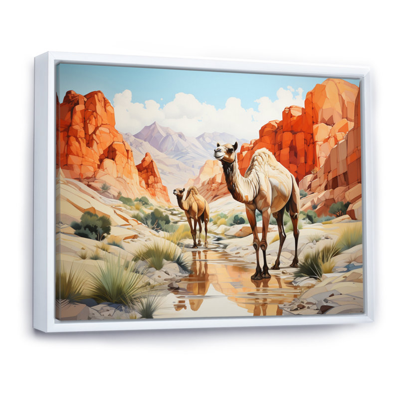 «Camel Desert Wanderer Geometric», reproduction sur toile, H 34 po x l 44 po x P 1,5 po, Cadre flottant blanc