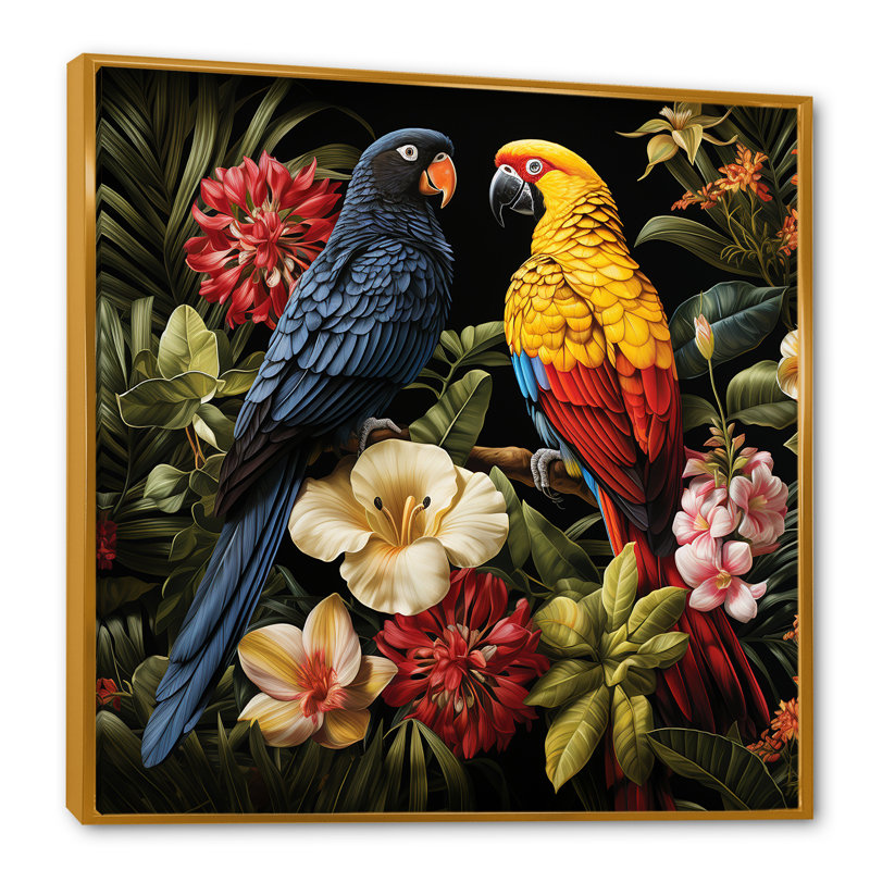 Jaune et bleu, perroquets tropicaux - art mural perroquet, Or, H 36 po x l 36 po