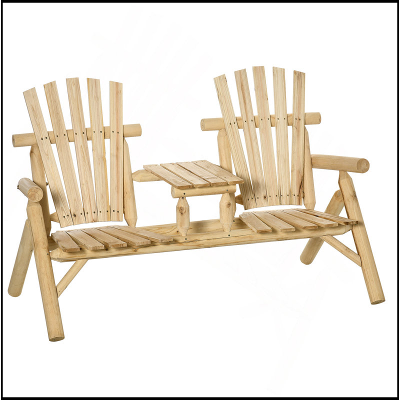 Chaise 2 places Adirondack en bois, banc de patio avec table, fauteuil d'extérieur avec causeuse pour porche, cour, terrasse, naturel