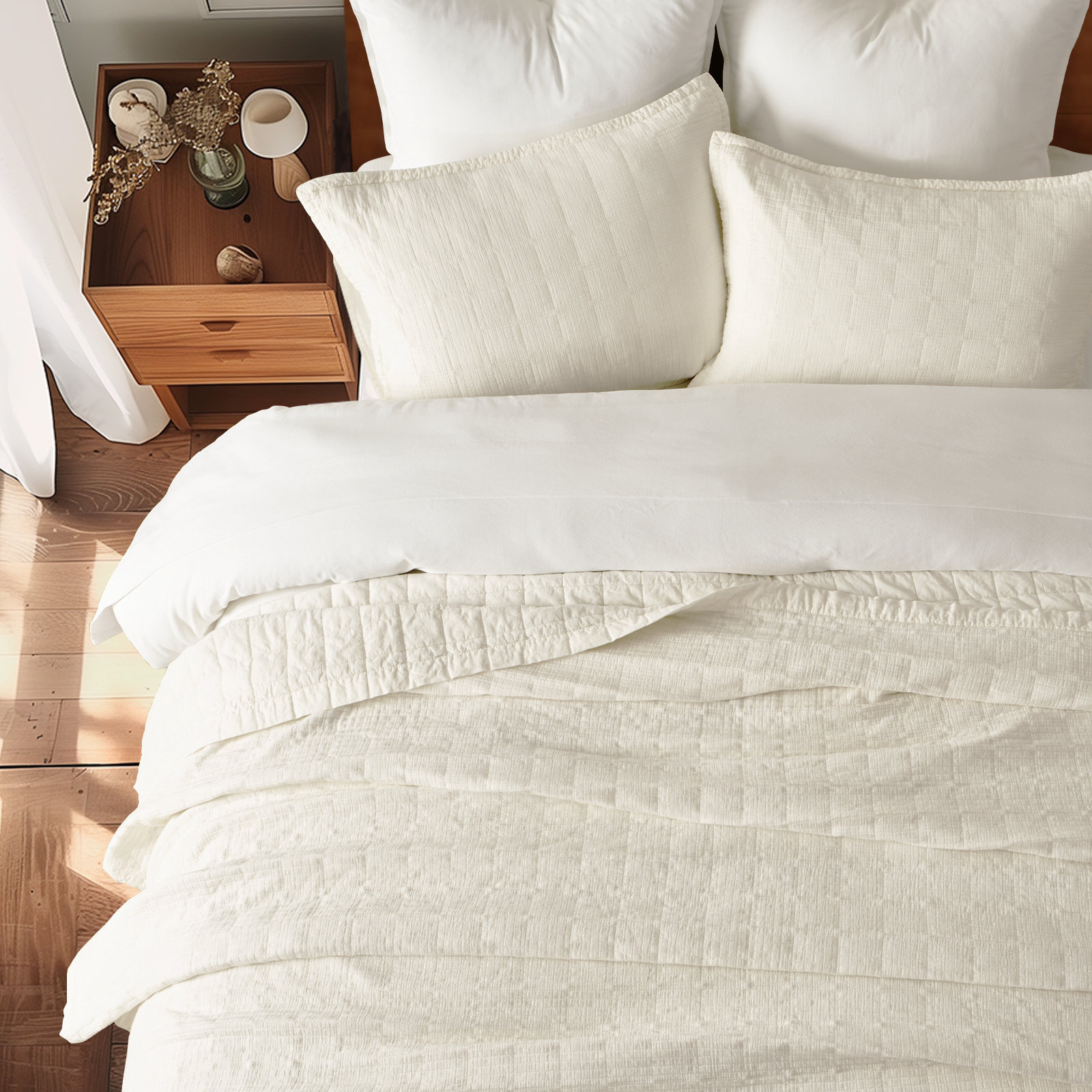Stonewashed Crinkle Cotton Box Stitch Quilt Set, Ivory White, Queen Quilt + 2 Queen Shams