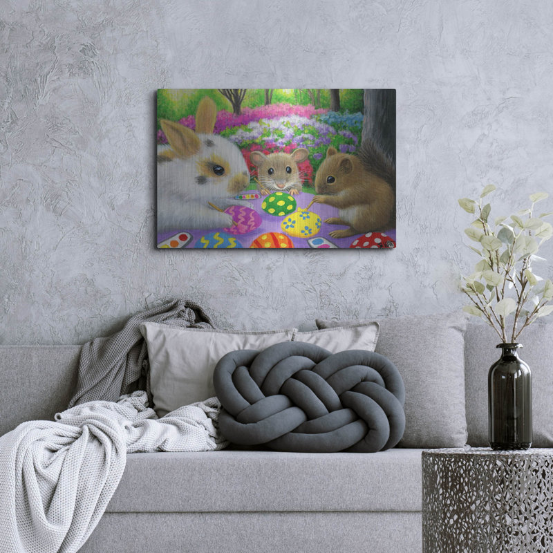 «The Holiday Aisle» Decorating The Eggs »par Bridget Voth, art mural en métal, H 24 po x l 36 po
