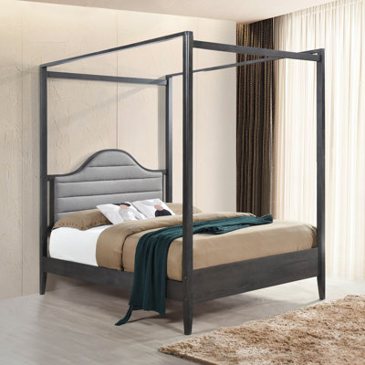 Lit double à baldaquin avec tête de lit tapissier, tête de lit et rails en bois