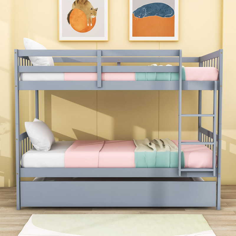Hulbard Twin Over Twin Convertible Wooden Bunk Bed With Twin Trundle And Safety Guardrails, Gray