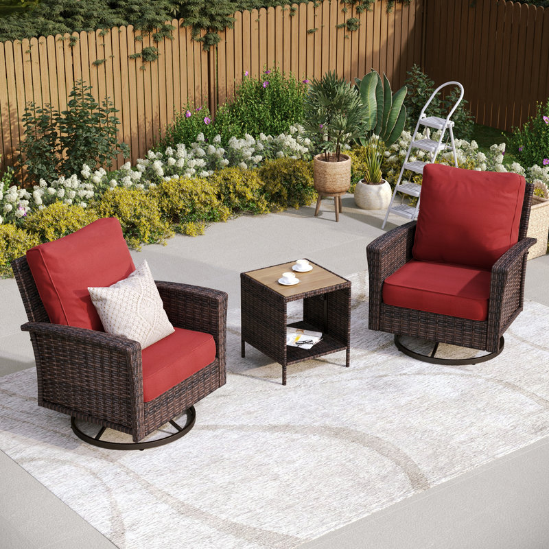 Swivel Wicker Outdoor Lounge Chair With Side Table, Red