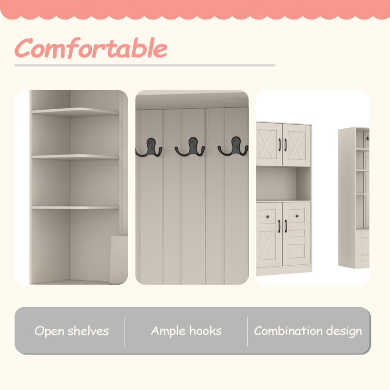 Multifunctional Left-Right Combination Hall Cabinet (Can Be Used Separately) With Storage And 4 Hooks, Storage Cabinet/ Hall Tree 2 In 1 For Living Room, Kitchen And Hallway