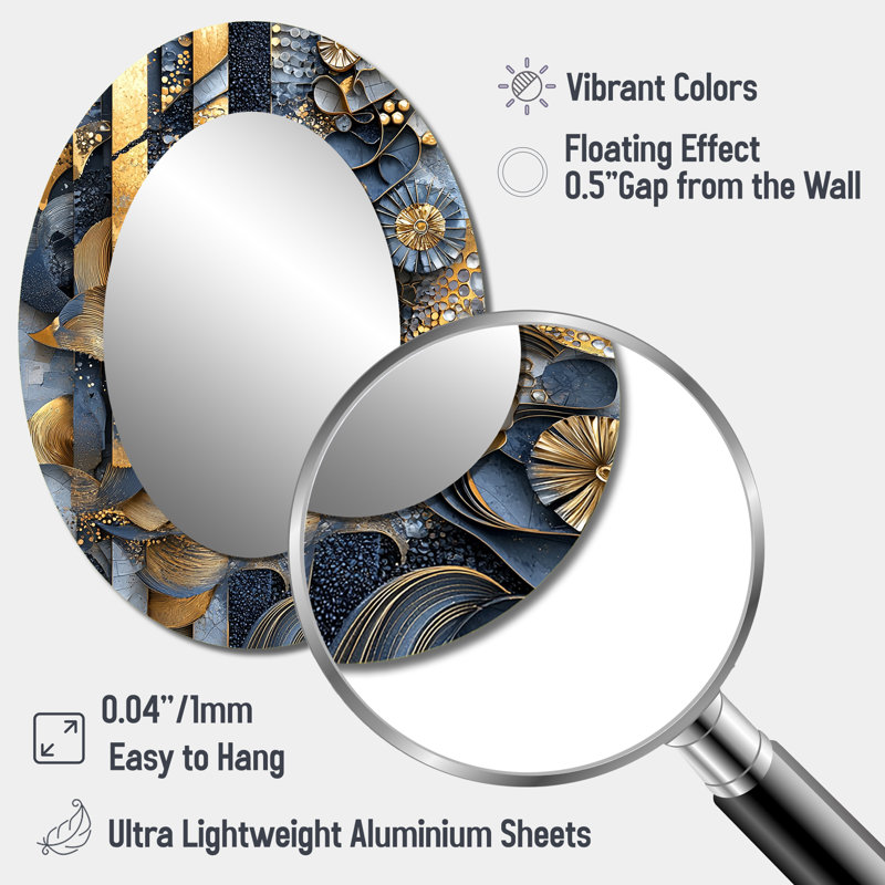 Blue And Grey Coastal Abstract Tiles IV - Modern Oval Wall Mirror, 40" x 30"