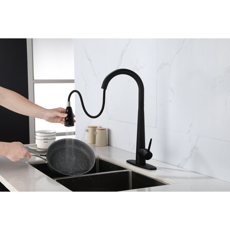 Single Handle Pull Down Kitchen Sink Faucet Of Stainless Steel, Matte Black Colorant, 360 Rotating High - Arc Nozzle, Three Water Output Selections  Stream, Spray,  , Easy Temperature And Flow