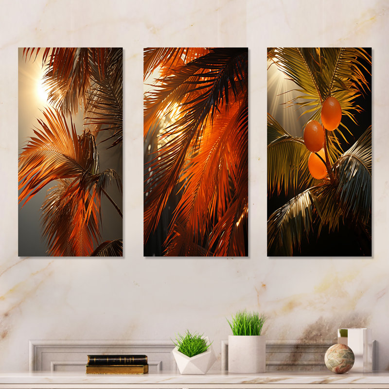 Coucher de soleil tropical, feuilles de palmier - palmiers et palmiers, ensemble de 3 pièces murales en métal, 32" H x 48" W