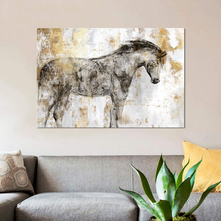«Équitation dorée I», reproduction sur toile, H 40 po x l 60 po x P 1,5 po, Pas de tapis, Toile tendue
