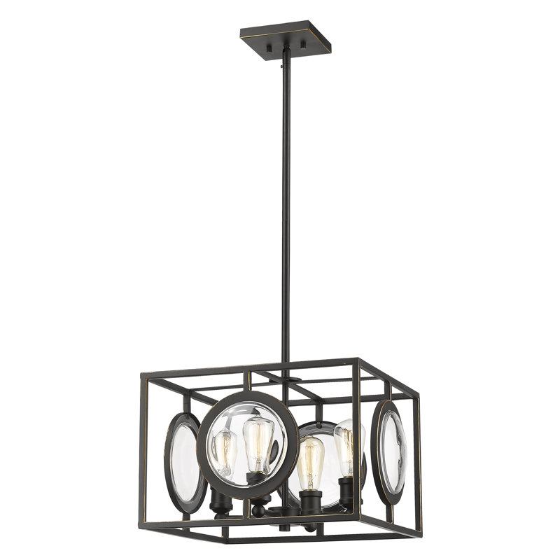 Lustre rectangulaire / carré unique à 4 lumières Silvey, H 11 po x l 17,75 po x P 17,75 po, Bronze vieilli