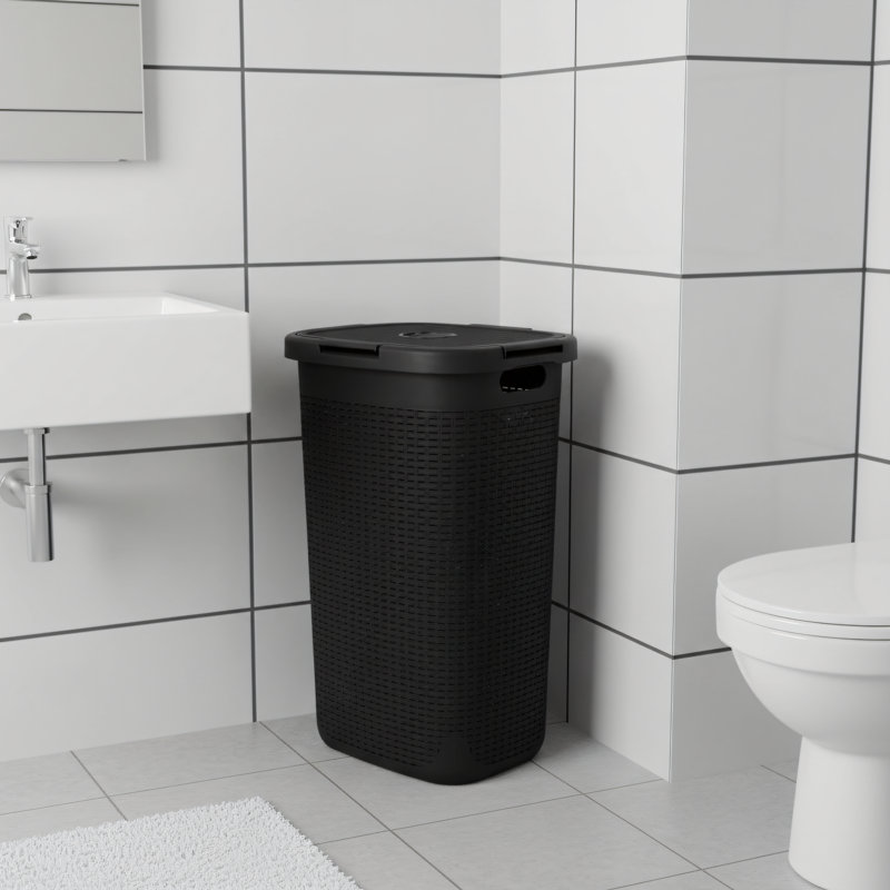 Panier à linge en plastique ultra-mince 60L avec couvercle, en rotin, noir, dimensions 17,66 x 13,77 x 24,17 pouces, adapté à divers besoins de rangement.